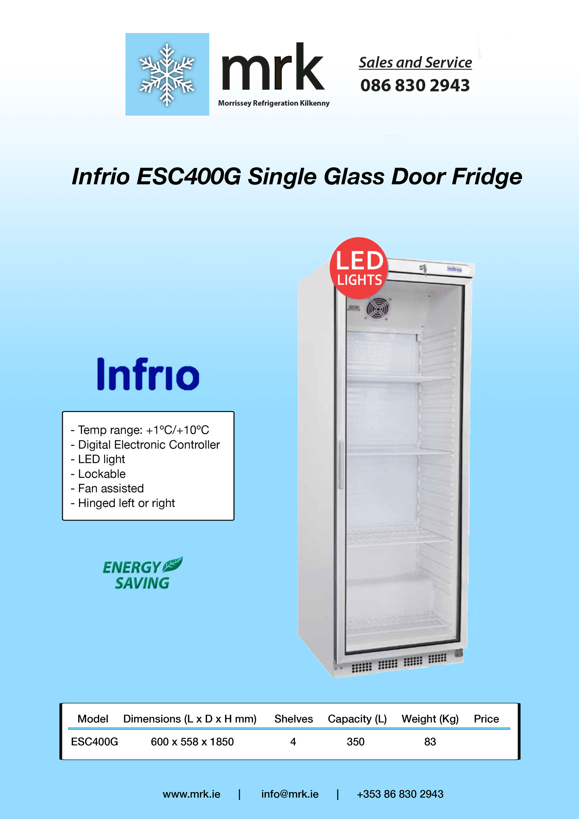 Infrio ESC400G Single Glass Door Fridge